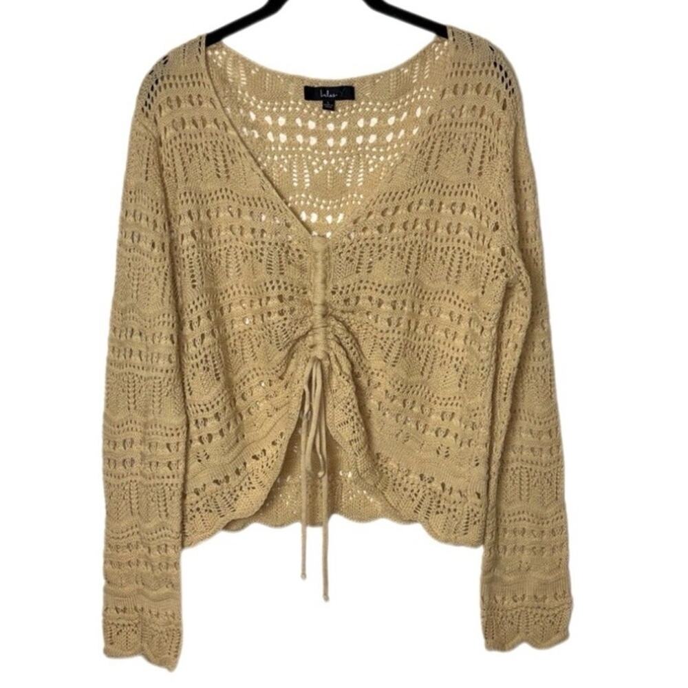 Lulus Only Yours Beige Sheer Crochet Ruched Sweater Top women's size large